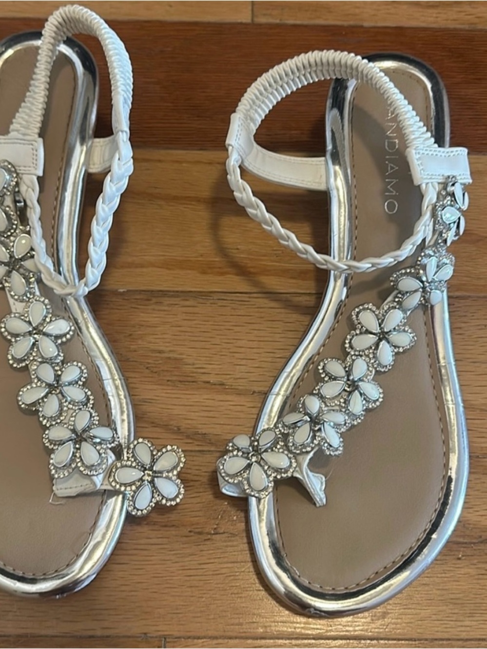 Women's White Embellished Floral T-Strap Sandals
